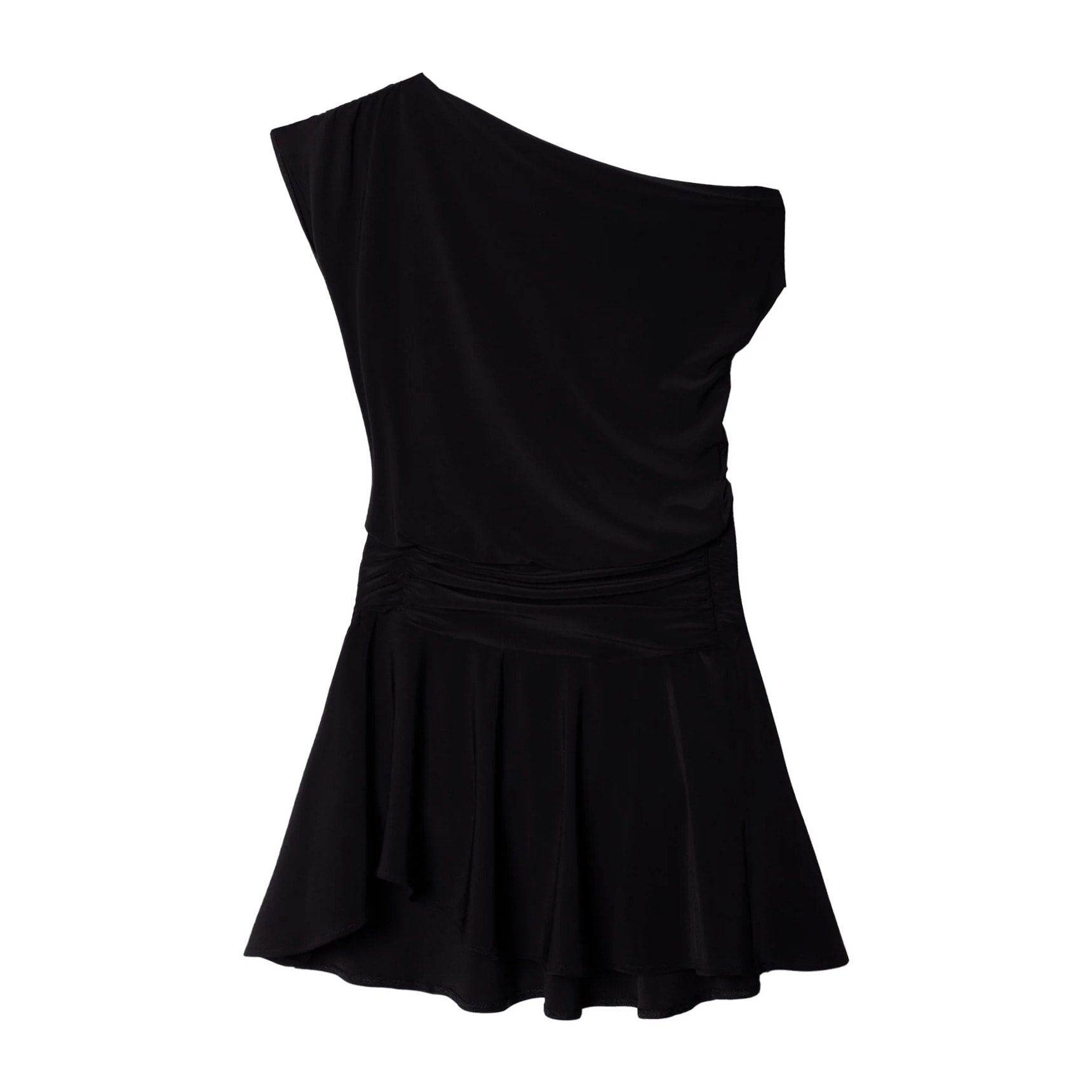Vestido corto asimétrico con fruncidos en negro.