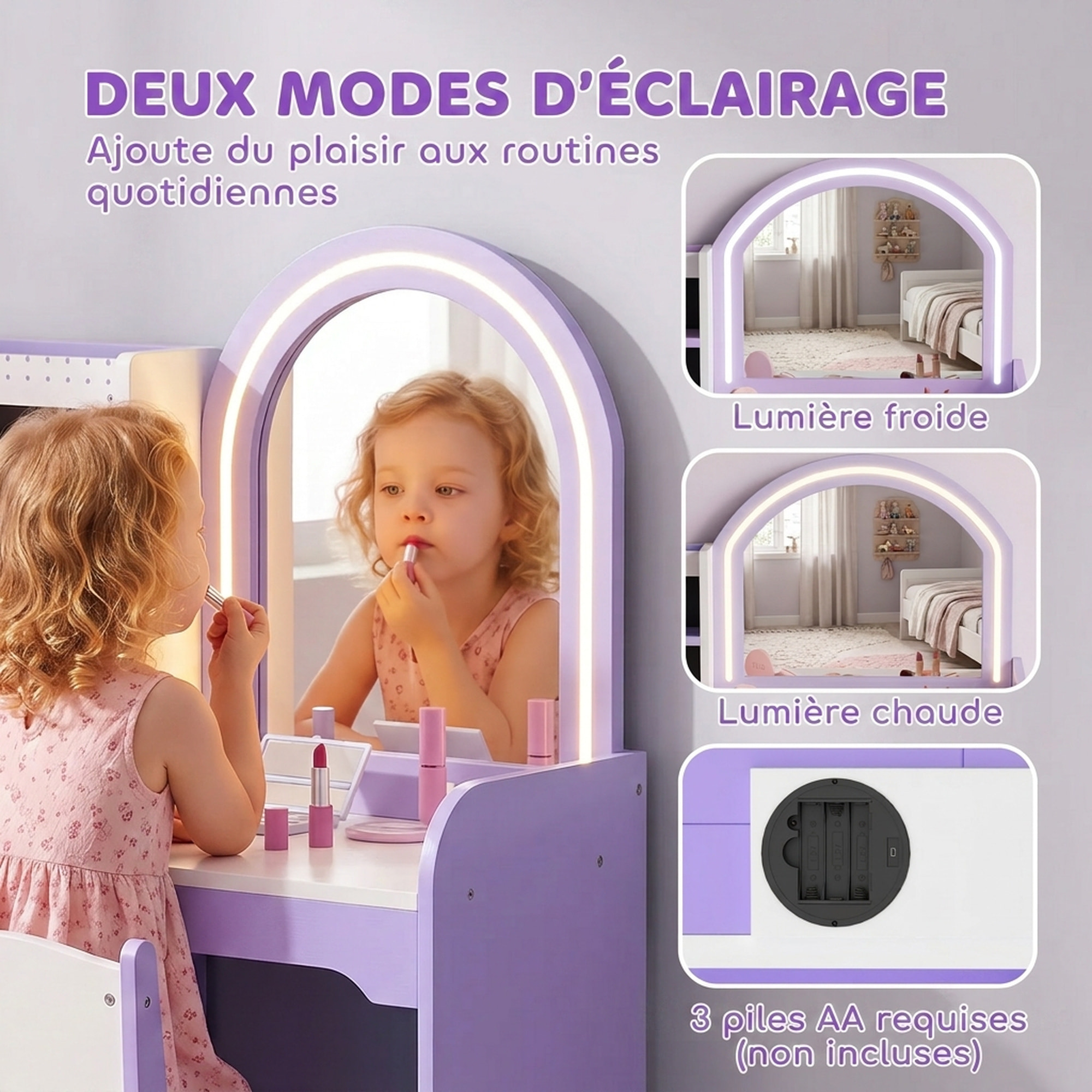 Coiffeuse enfant chaise miroir LED réglable multi-rangement violet