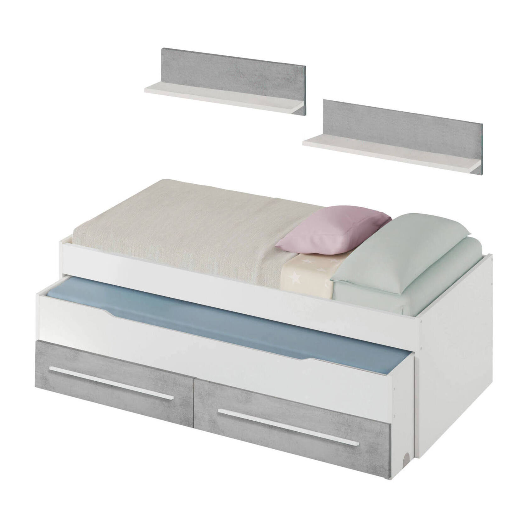 Letto singolo Fairfield, Struttura letto per cameretta, Letto singolo con lettino estraibile e 2 cassetti e mensola, cm 199x96h65, Bianco e Cemento