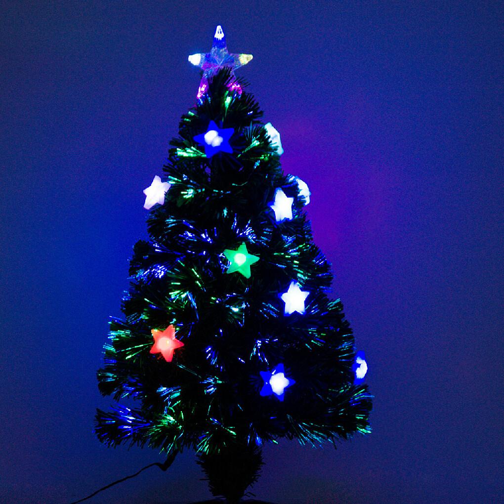 Sapin de Noël artificiel lumineux fibre optique LED multicolore + support pied Ø 45 x 90H cm 90 branches étoile sommet brillante vert