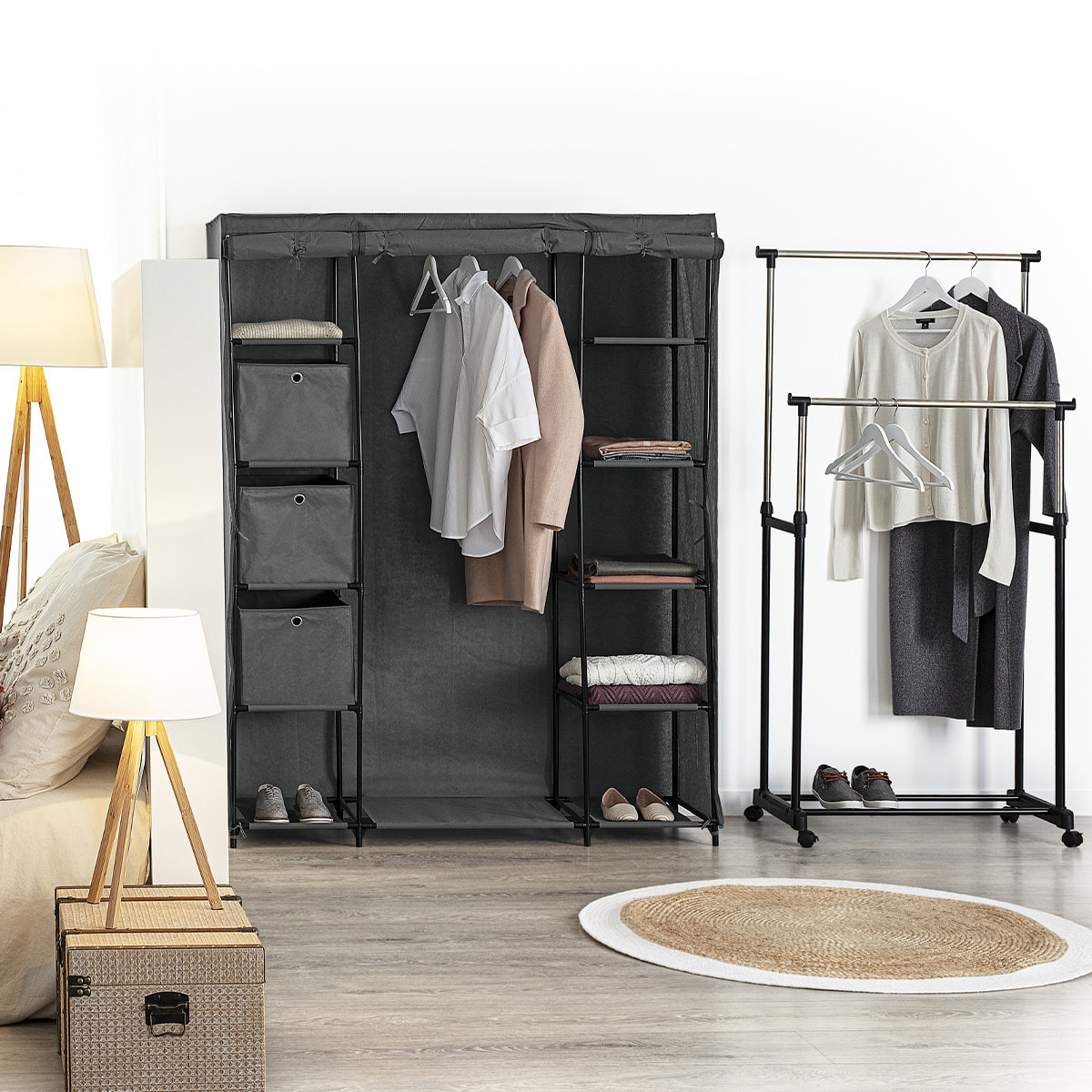 Armoire penderie 3 boîtes tissu gris anthracite