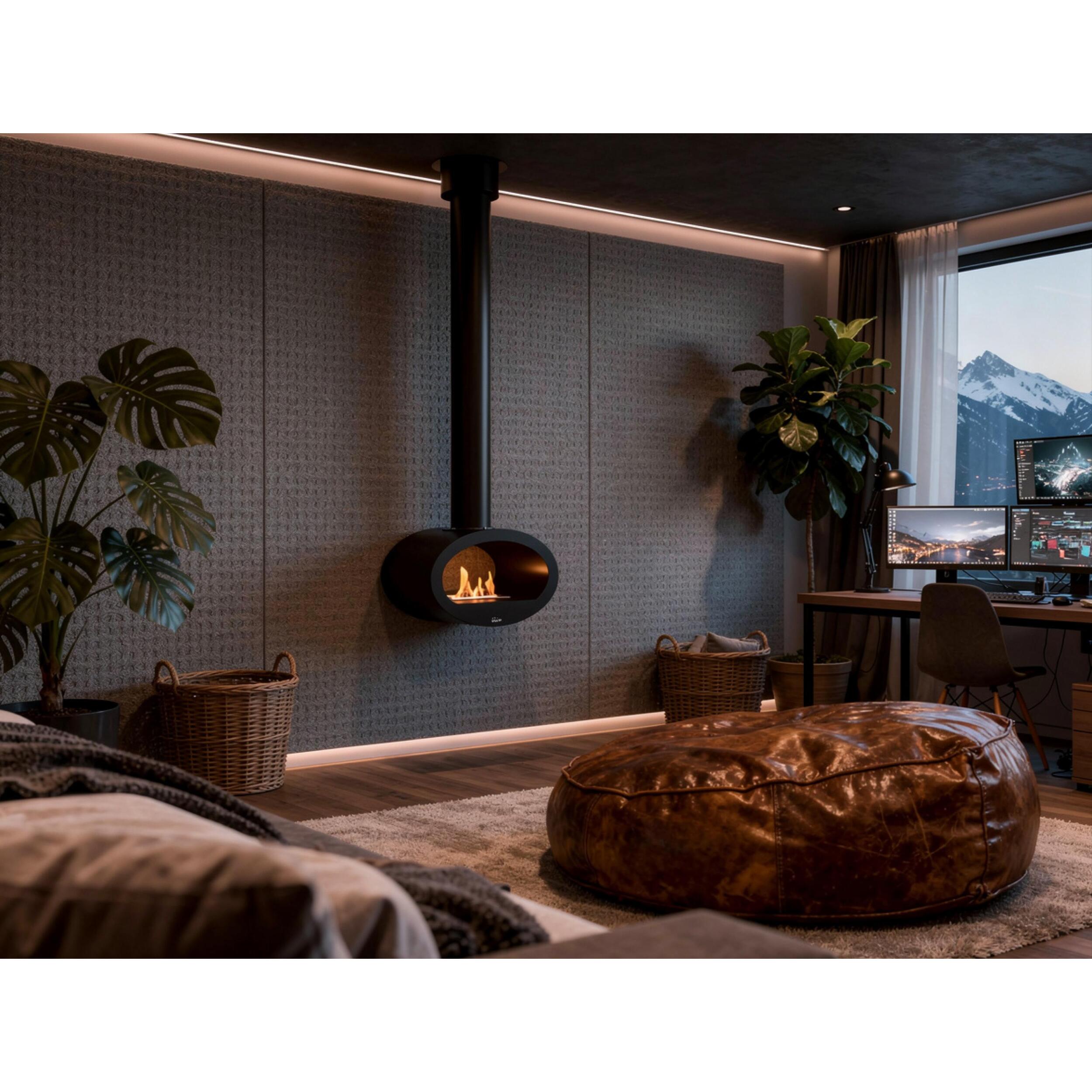 Chimenea de etanol de techo con diseño alargado en acero negro SYKE PURLINE