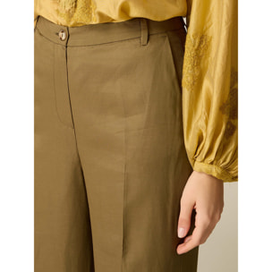 Oltre - Pantaloni palazzo in tessuto misto lino - Verde militare