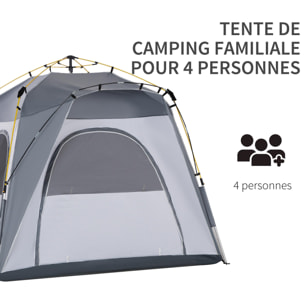 Tente de camping familiale 4 personnes montage instantanée pop-up 4 fenêtres pare-soleil dim. 2,4L x 2,4l x 1,95H m fibre verre polyester gris
