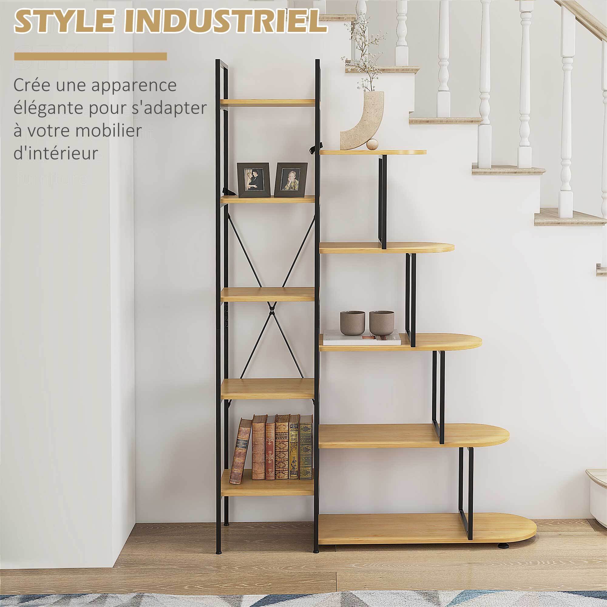 Bibliothèque étagère style industriel - 10 étagères - panneaux particules aspect bois clair acier noir