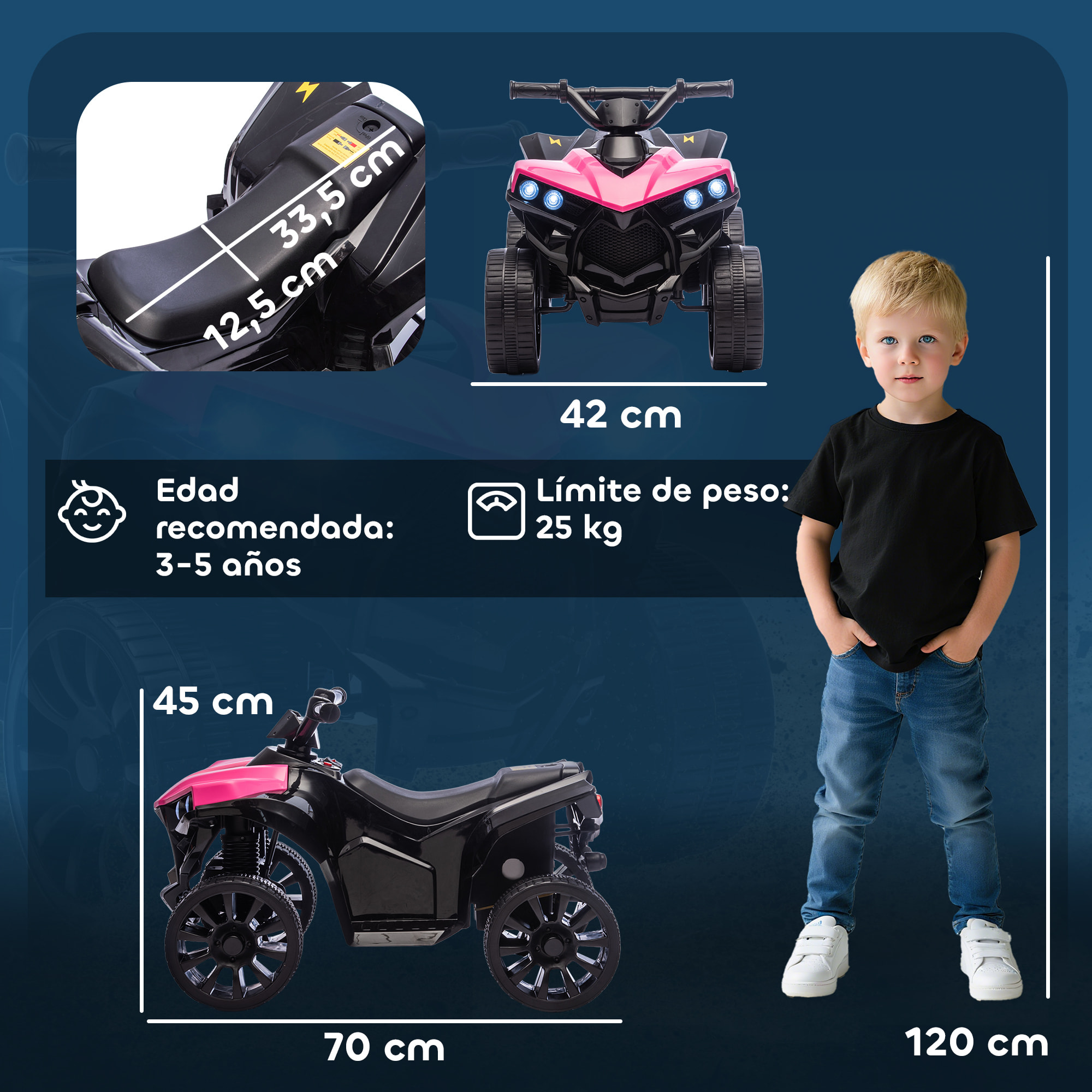 Quad Eléctrico para Niños 6 V, Quad para Niños de 37 a 72 Meses, Velocidad hasta 3â€¯km/h, con Faros y Música, Rosa