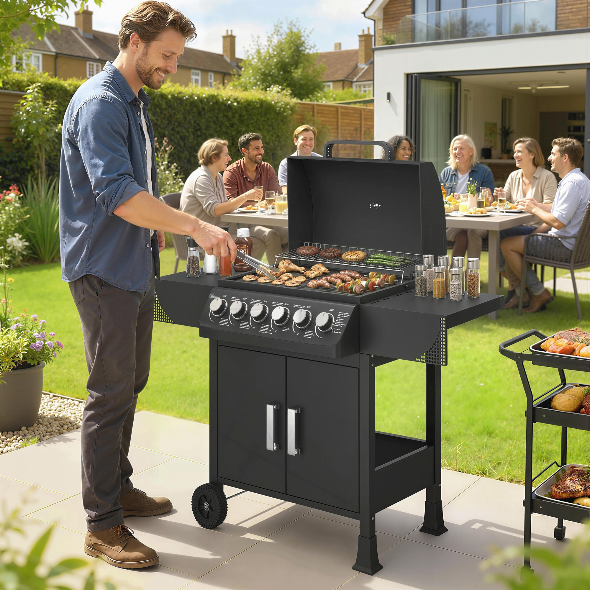 Barbacoa de Gas BBQ Gas con 6 Quemadores 15 kW, Barbacoa Portátil con Termómetro, Mesas Laterales, Armario, Rejilla Calentadora, Parrilla, Recogedor de Grasa, 2 Ruedas y Tapa, Negro