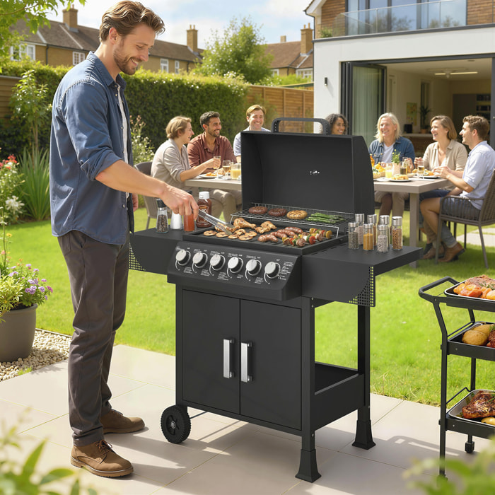 Barbacoa de Gas BBQ Gas con 6 Quemadores 15 kW, Barbacoa Portátil con Termómetro, Mesas Laterales, Armario, Rejilla Calentadora, Parrilla, Recogedor de Grasa, 2 Ruedas y Tapa, Negro