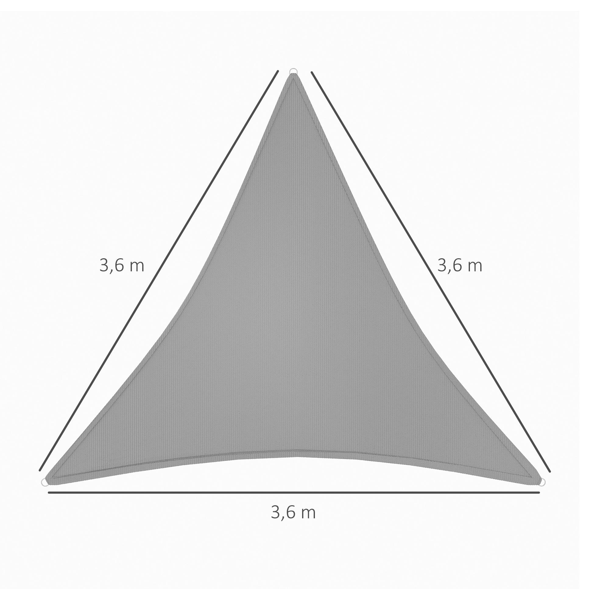 Voile d'ombrage triangulaire grande taille 3,6 x 3,6 x 3,6 m polyéthylène haute densité HDPE résistant aux UV gris