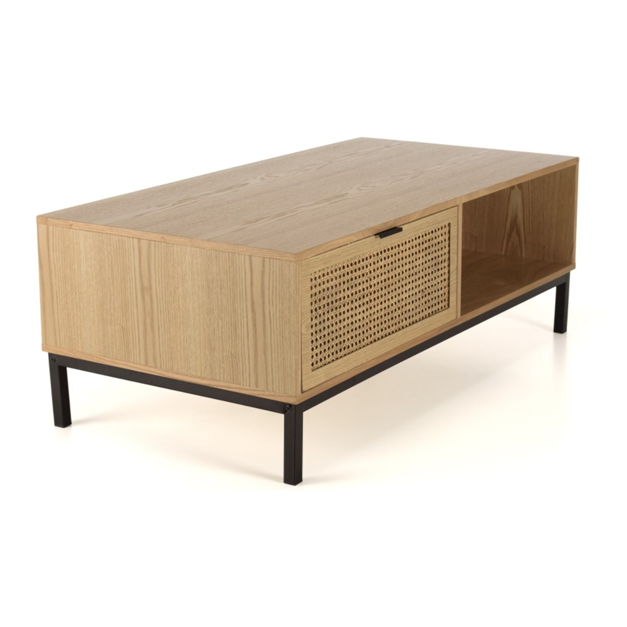 MARCEAU - Table basse 1 niche 2 tiroirs cannage naturel pieds métal noir