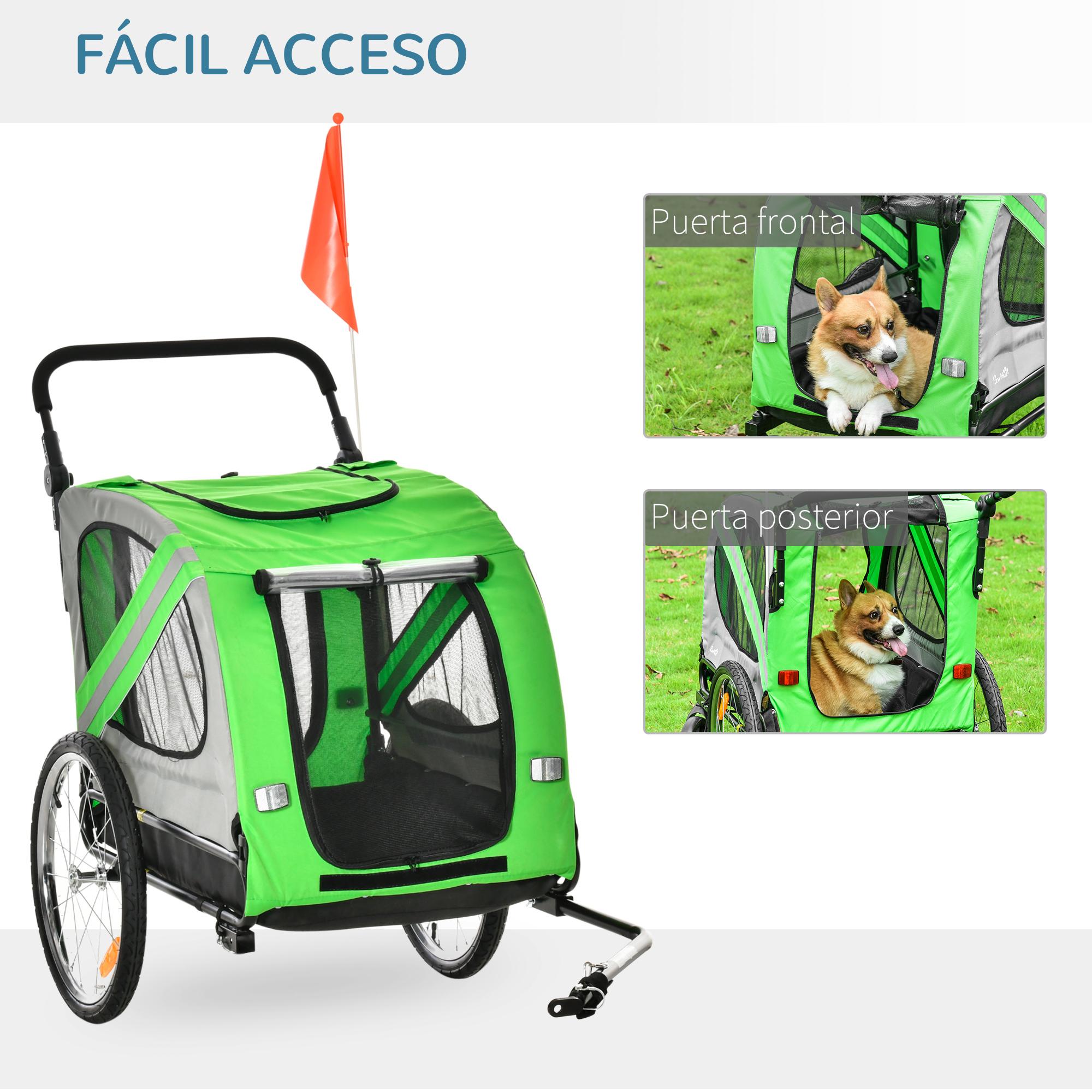 Remolque de Bicicleta Perros 2 en 1 Carrito Transporte para Mascotas con Puertas Enrollables Ventanas Cinturón de Seguridad Bandera y 6 Reflectores 140x72,5x108 cm Verde