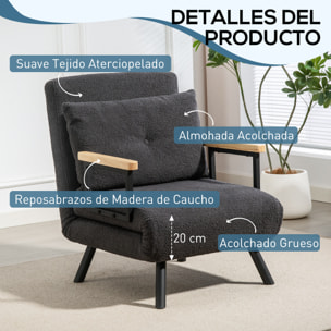 Sofá Cama de 1 Plaza Sofá Cama Plegable Tapizado en Borreguito con Respaldo Ajustable de 5 Niveles y Almohada Acolchada para Oficina Dormitorio Salón 63x73x81 cm Gris Oscuro