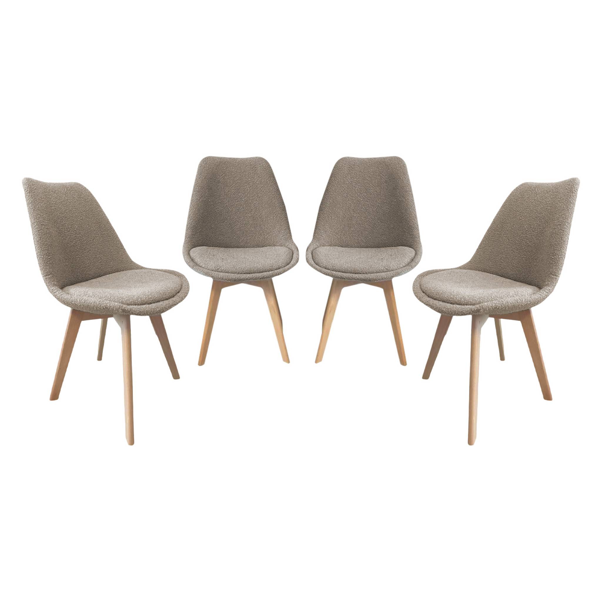 Lot de 4 chaises scandinaves revêtement bouclette texturée taupe. pieds bois de hêtre - Nils