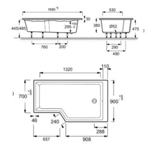 Pack baignoire bain douche antidérapante 170 x 90 Neo blanc mat - v.droite + pare bain noir mat + tablier