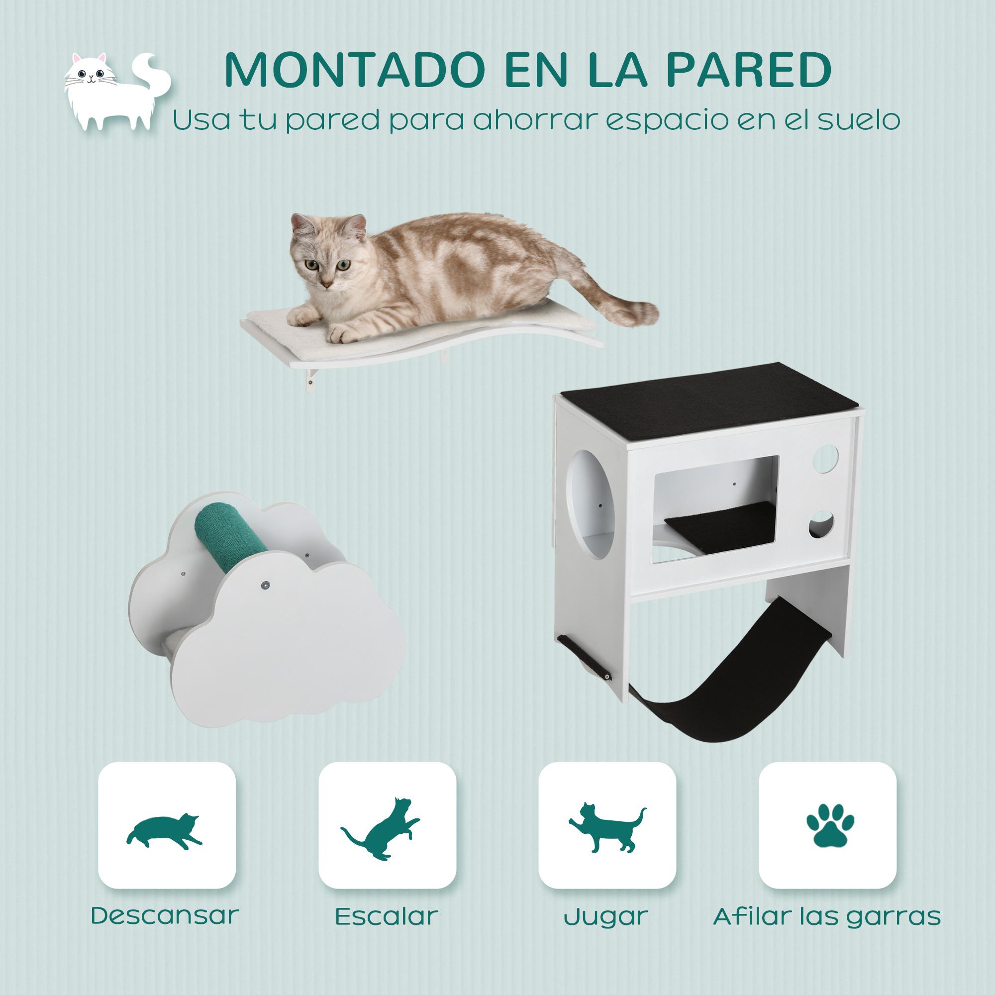 Estantes para Gatos de Pared de 3 Piezas Muebles de Pared para Gatos Centro de Actividades para Gatitos con Caseta Plataformas Hamaca Poste de Sisal y Cojines Suaves Blanco