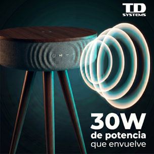 Mesa auxiliar altavoz portátil con sonido de 30W, Bluetooth, base de carga inalámbrica, batería de 2200mAh. Mesilla o mesita para dormitorio o sala de estar - TD Systems SM30B11WR [Madera roble]