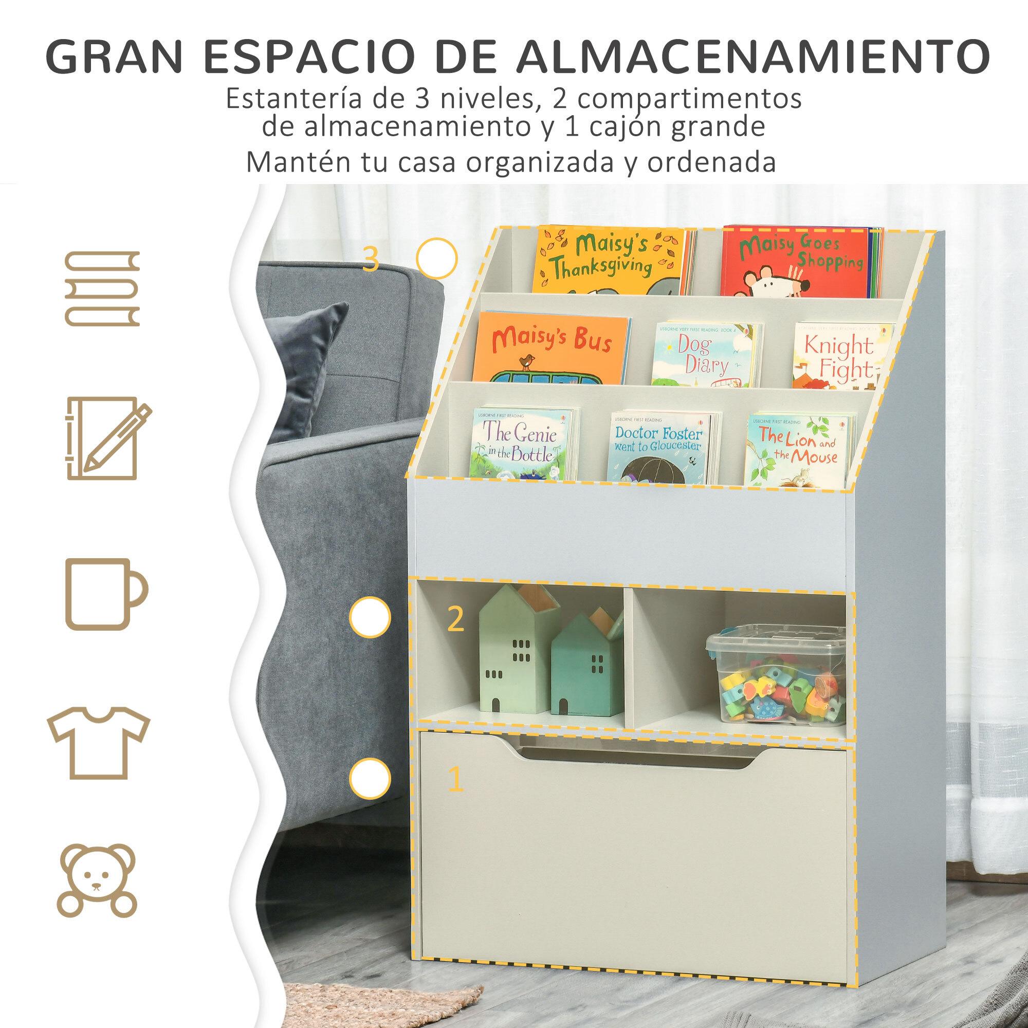 Estantería Infantil de Madera con 3 Compartimentos 2 Cubos y Cajón Móvil con 4 Ruedas Librería Infantil para Habitación de Niños Sala de Juegos 60x29,9x90 cm Gris