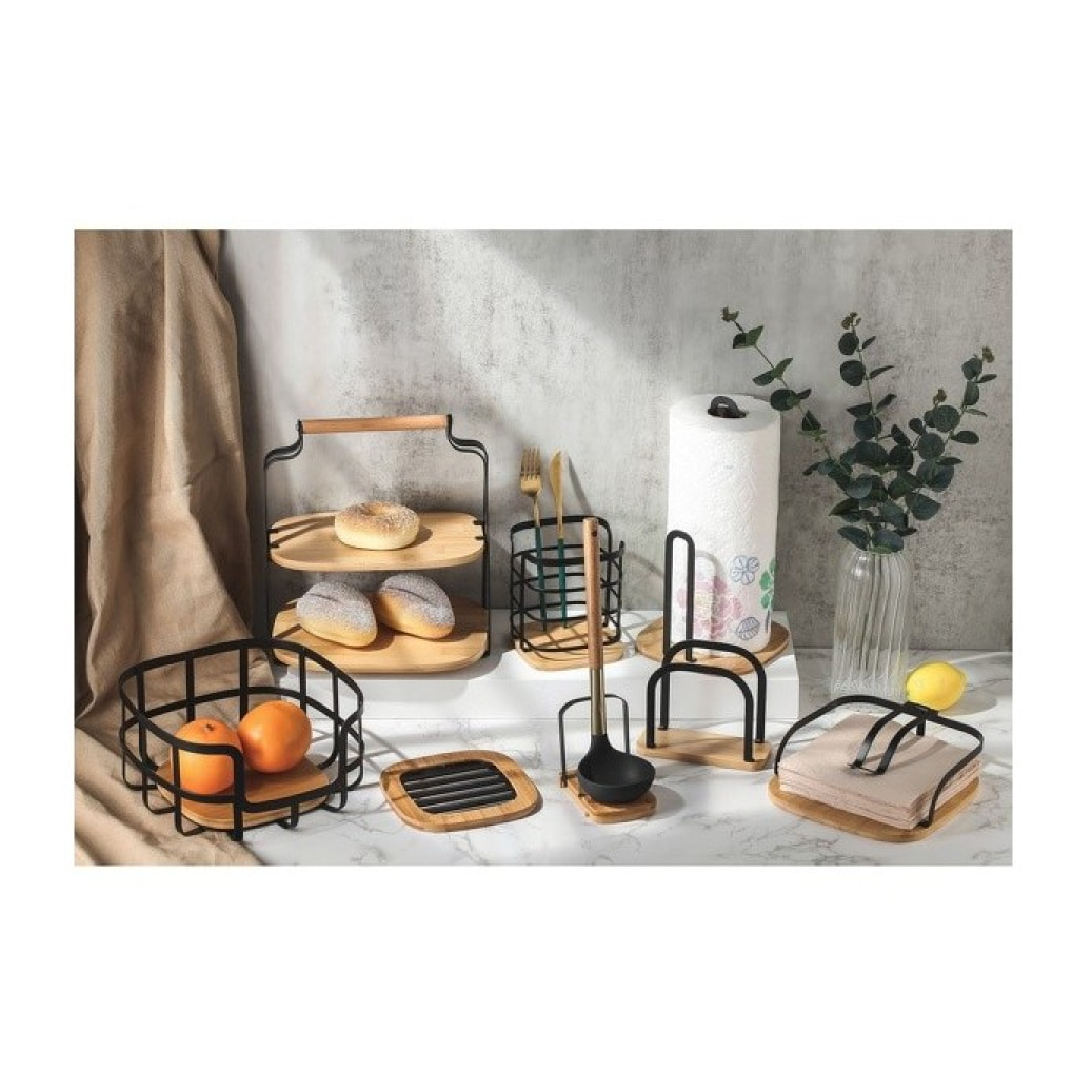 Porte serviettes papier de tables avec barre de maintien Design industriel Bambou & Acier ELIE Noir mat MSV