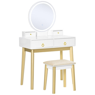 Tocador con Espejo con Luz LED Ajustable y Taburete Juego de Mesa de Maquillaje con 4 Cajones de Almacenaje para Dormitorio 80x40x133 cm Blanco