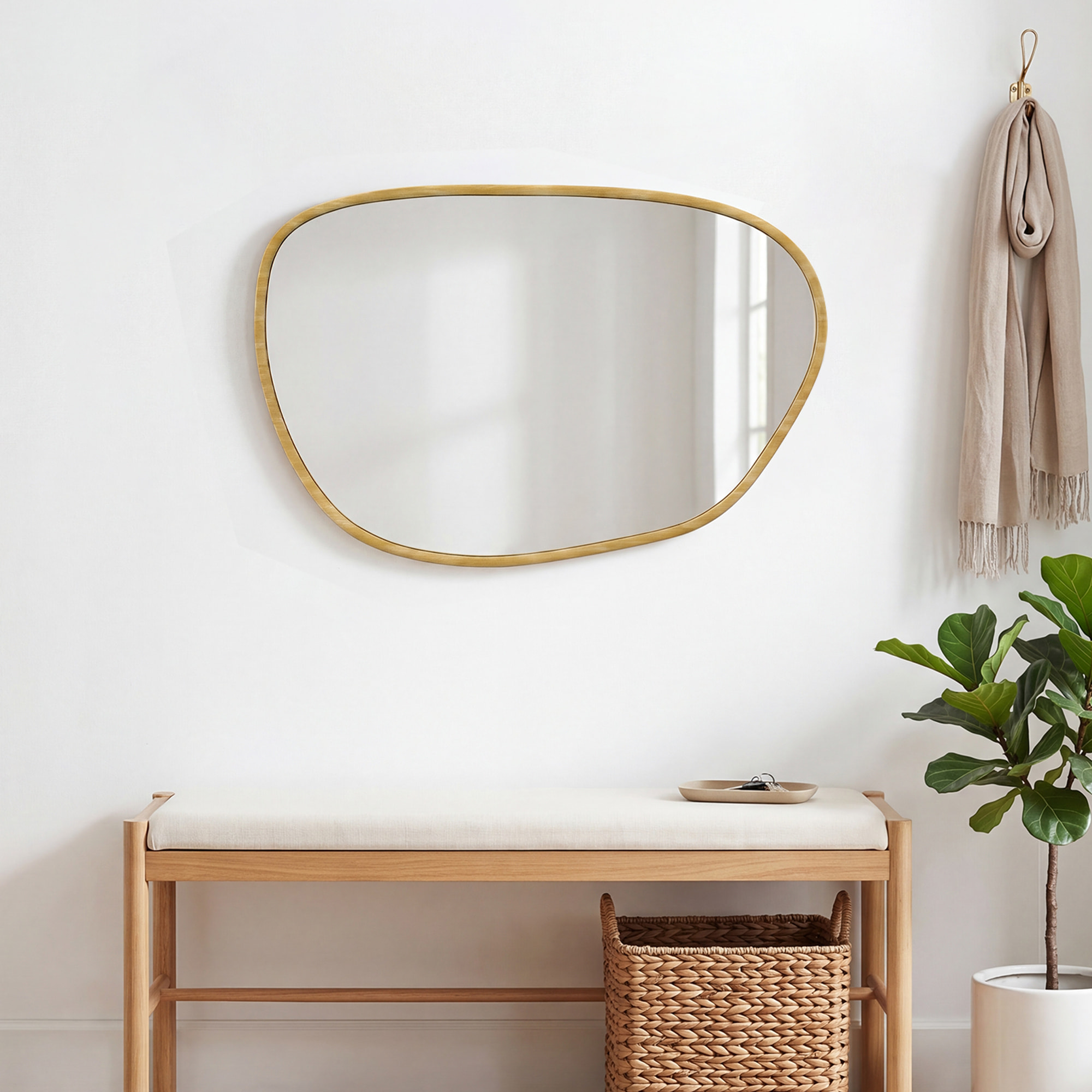 Miroir mural design organique - 90 x 60 cm - effet bois clair naturel