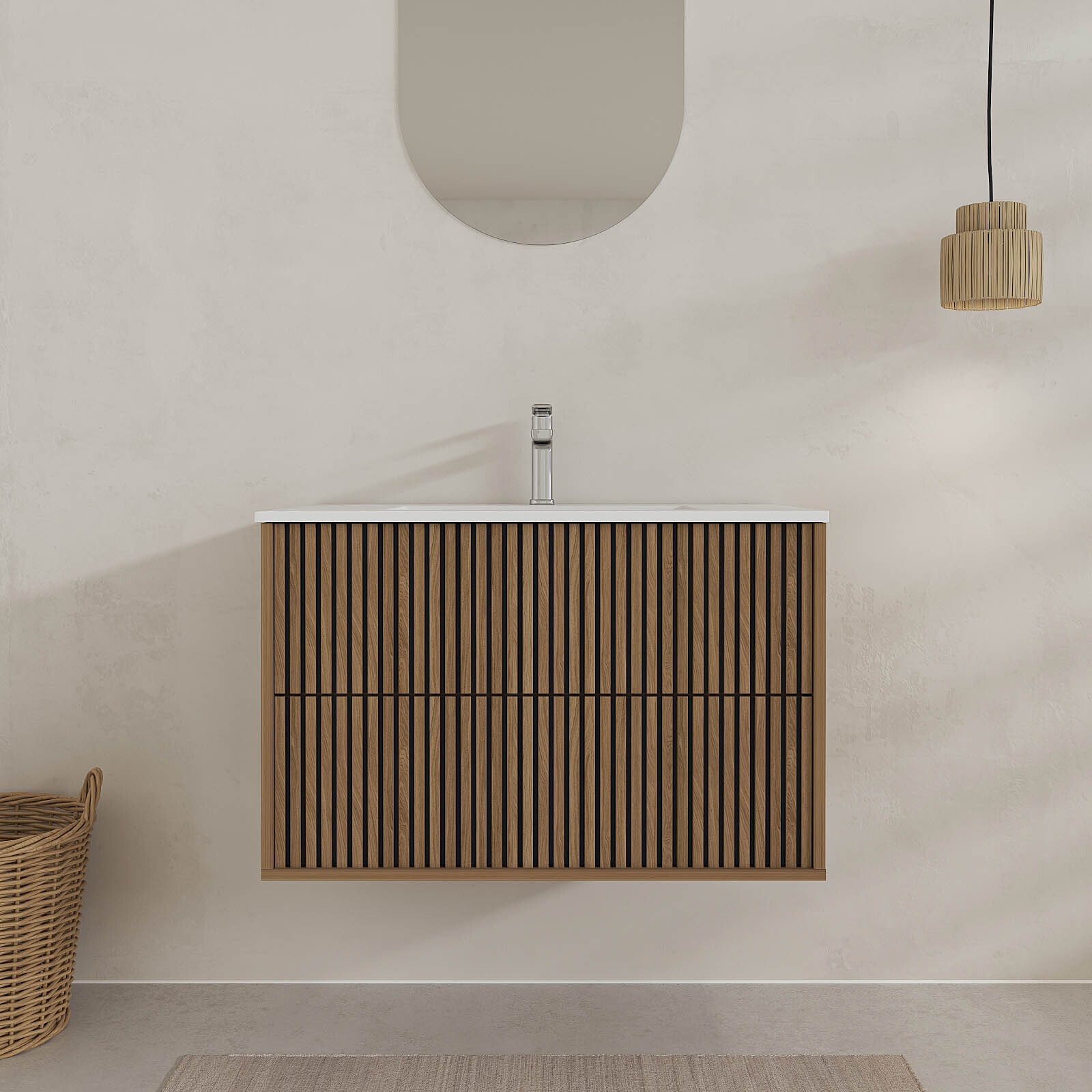 Meuble Salle de Bains 60cm 2 Tiroirs Décor Chêne et Noir Cranté - Vasque Blanche Mate - YUKI