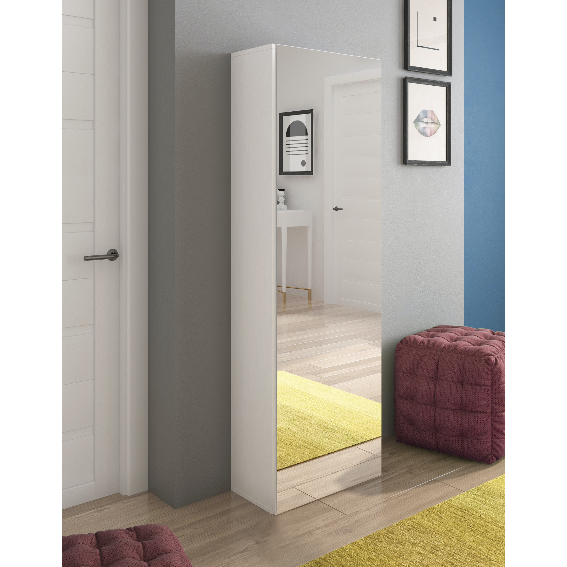 Scarpiera con Specchio Salvaspazio 7 Ripiani 14 Paia Di Scarpe Anta Reversibile Design Moderno Ingresso Camera Cameretta Minimal 160x52x23 Cm Bianco