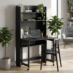 Bureau mural pliable table murale rabattable suspendue sur pied avec bibliothèque 3 étagères MDF noir