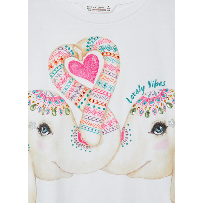 T-shirt stampa elefanti con strass e glitter