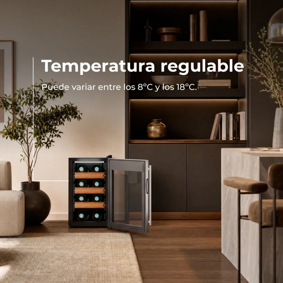 EVVO Vinoteca para 8 botellas VT8 Inox, termoeléctrica, 8–18ºC regulable, ultra silenciosa 35 dB, panel táctil, luz LED interior