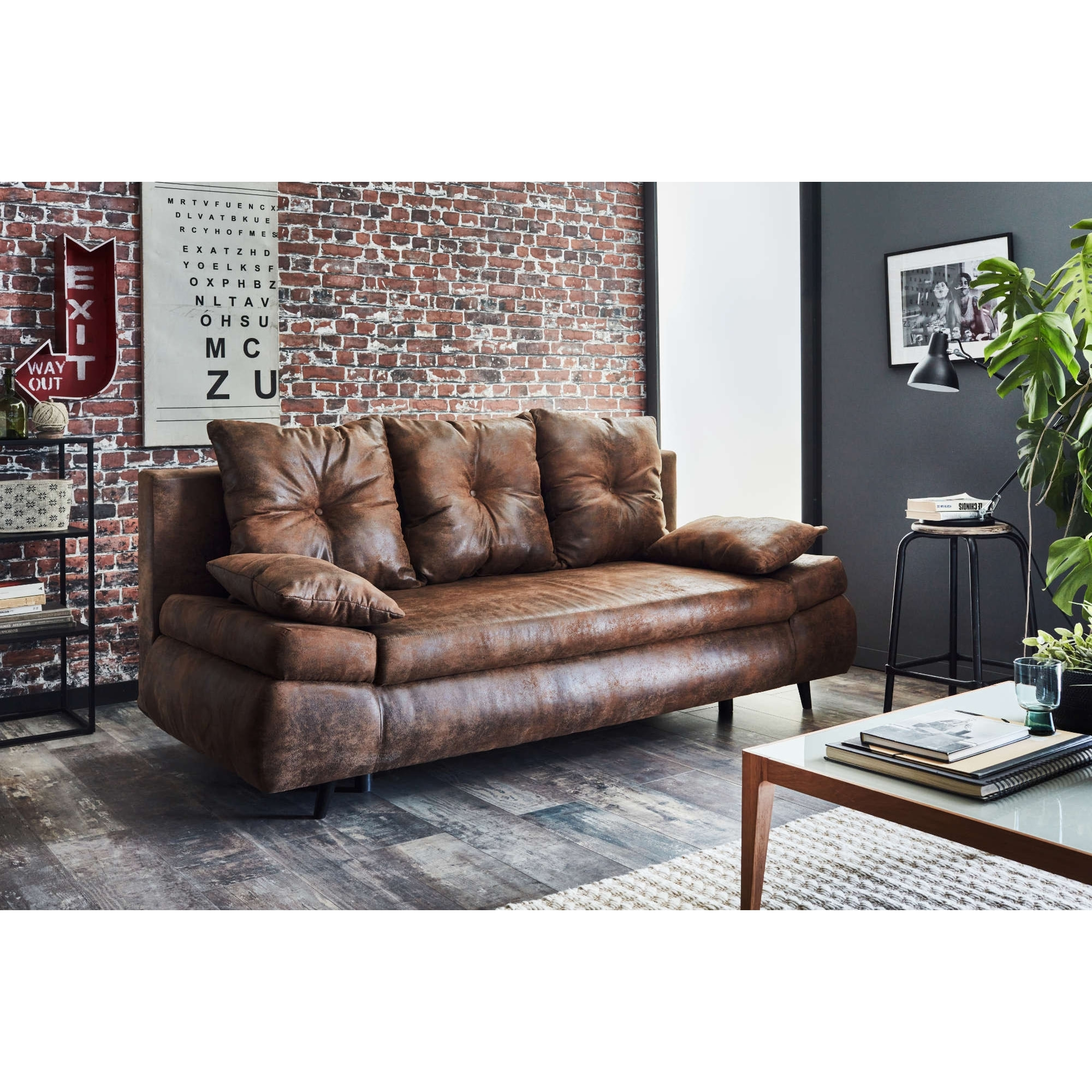 Larson - Canapé droit 3 places convertible - avec coffre de rangement - style industriel - Marron