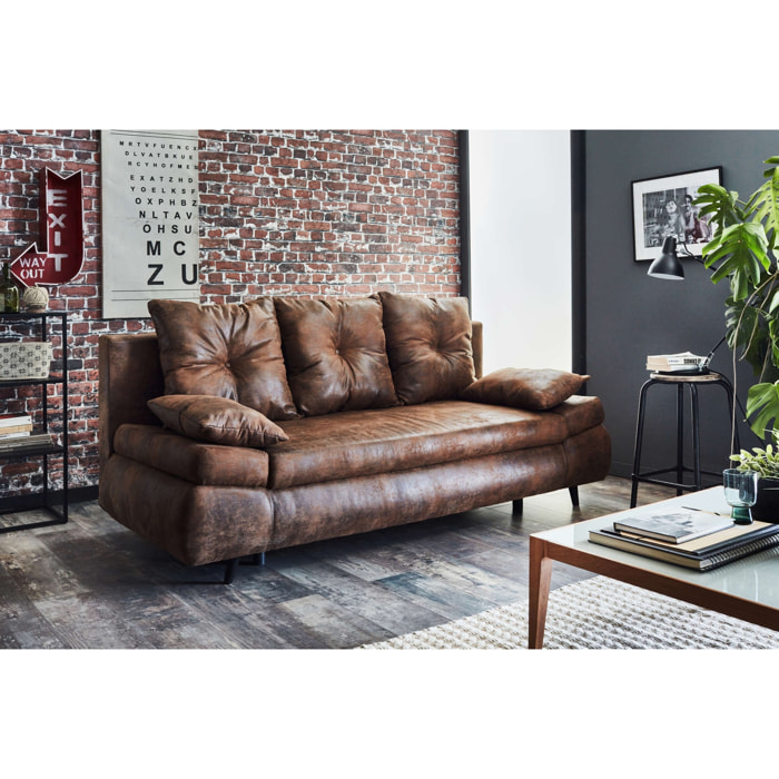 Larson - Canapé droit 3 places convertible - avec coffre de rangement - style industriel - Marron