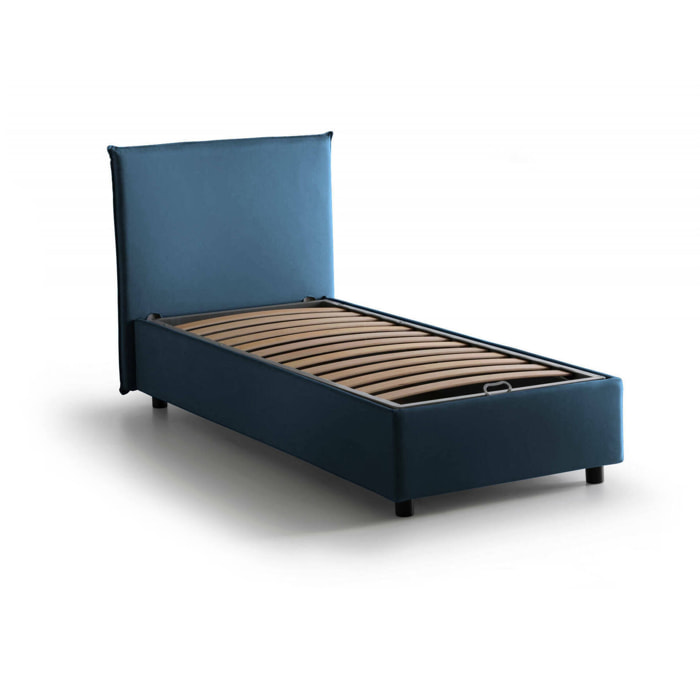 Letto singolo Ajan, Letto contenitore con rivestimento in tessuto, 100% Made in Italy, Apertura frontale, adatto per materasso Cm 90x190, Blu