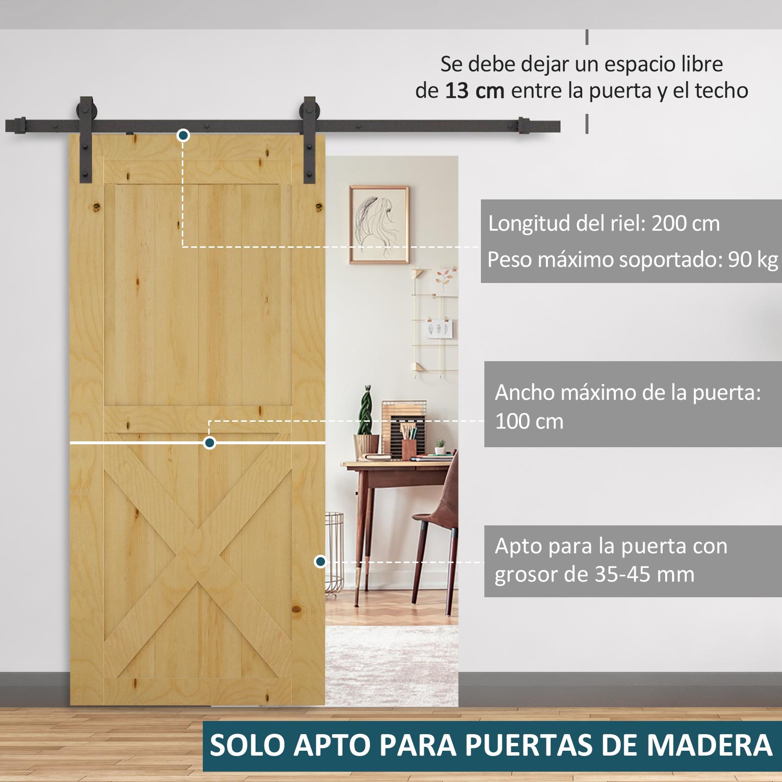 HOMCOM 200 cm Herraje para Puerta Corredera de Madera Kit de Accesorios Guía de Riel con Tornillos Carga Máx. 90 kg Acero al Carbono Marrón