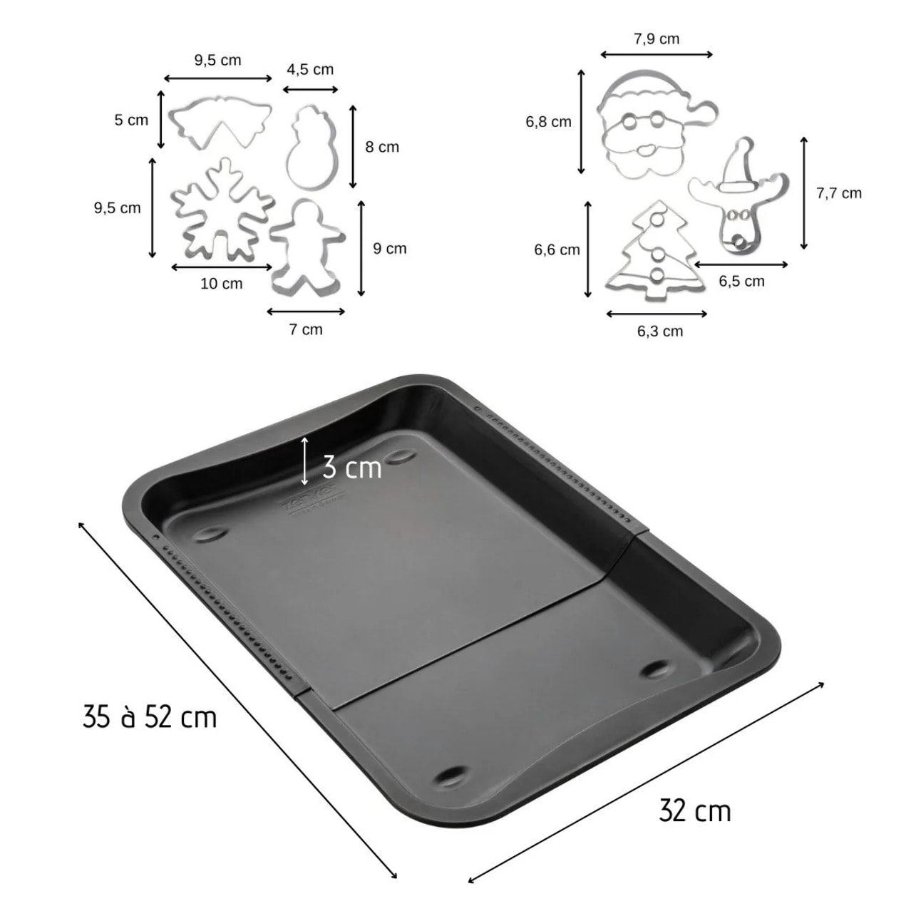 Plaque de four extensible de 35-52 x 32 cm et 7 emporte-pièces de Noël en inox Zenker Noël