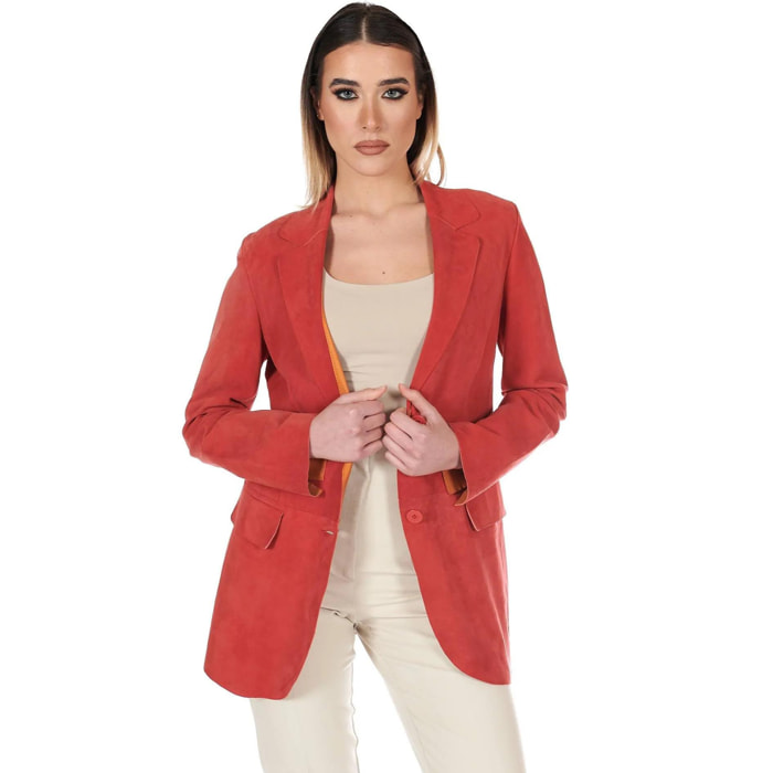 Giacca blazer in pelle scamosciata colore corallo