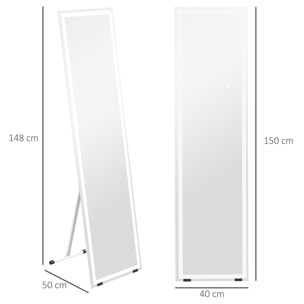 Miroir sur pied ou mural rectangulaire grande taille LED tactile dim. 40L x 50l x 148H cm verre métal blanc