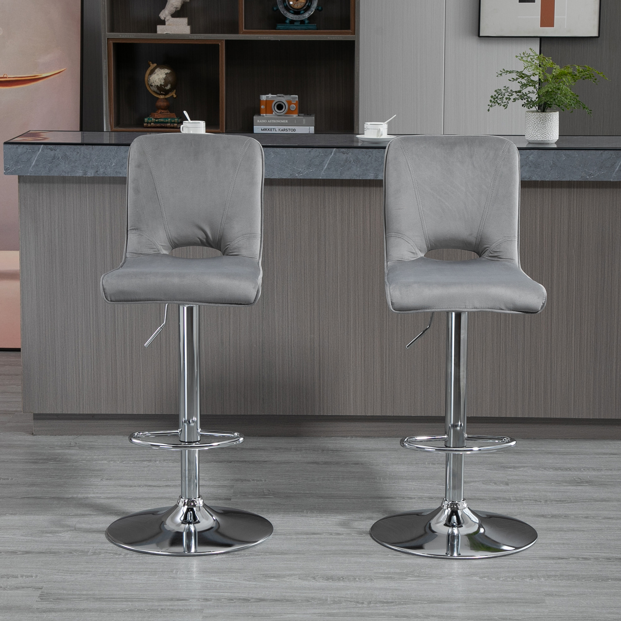 HOMCOM Conjunto de 2 Taburetes de Bar Sillas Altas Modernas con Altura Regulable y Asiento Giratoria con Marco de Metal y Reposapiés 41x51x97-117 cm Gris