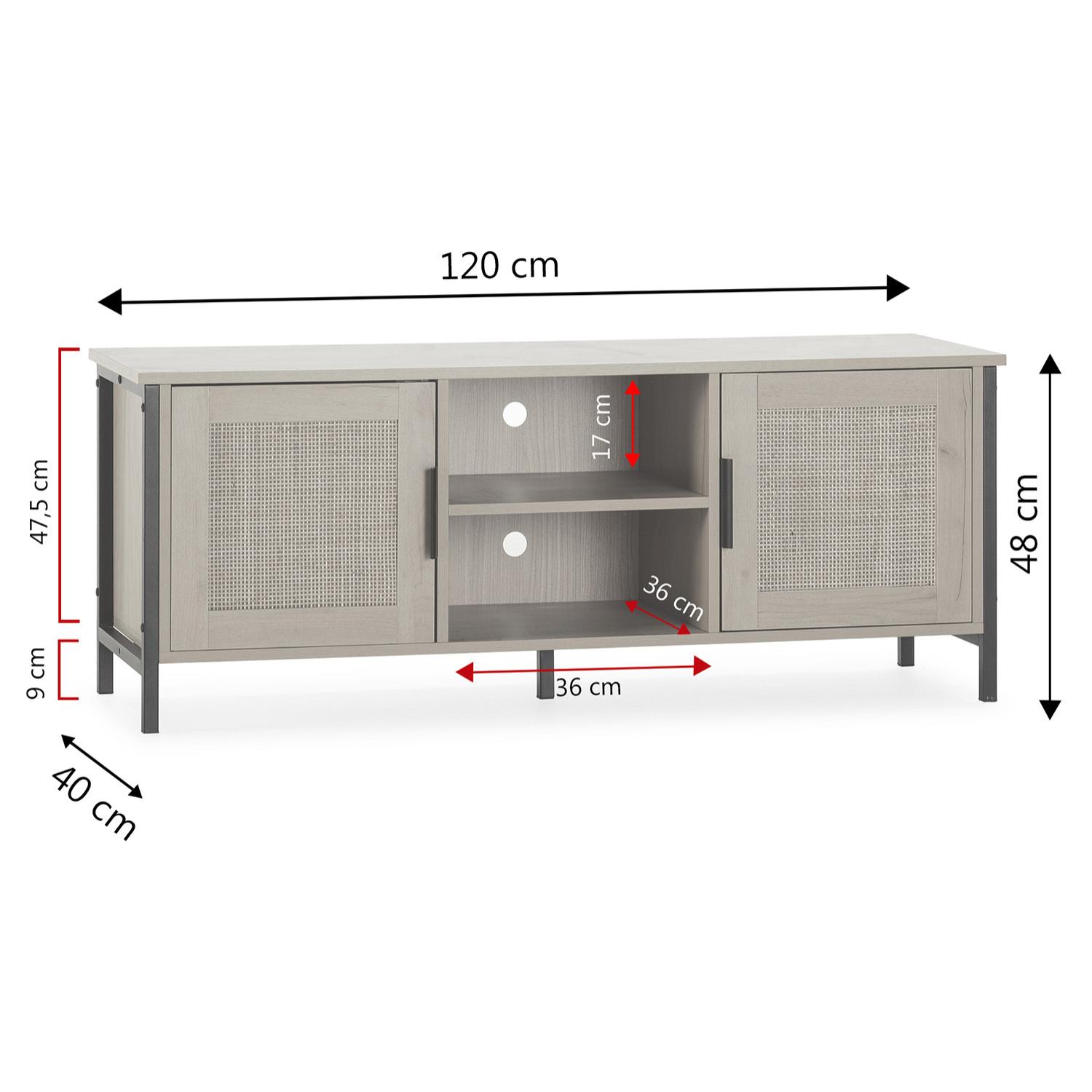 Mueble TV Cruz 2 Puertas Color Roble con ratán Natural, 120 cm