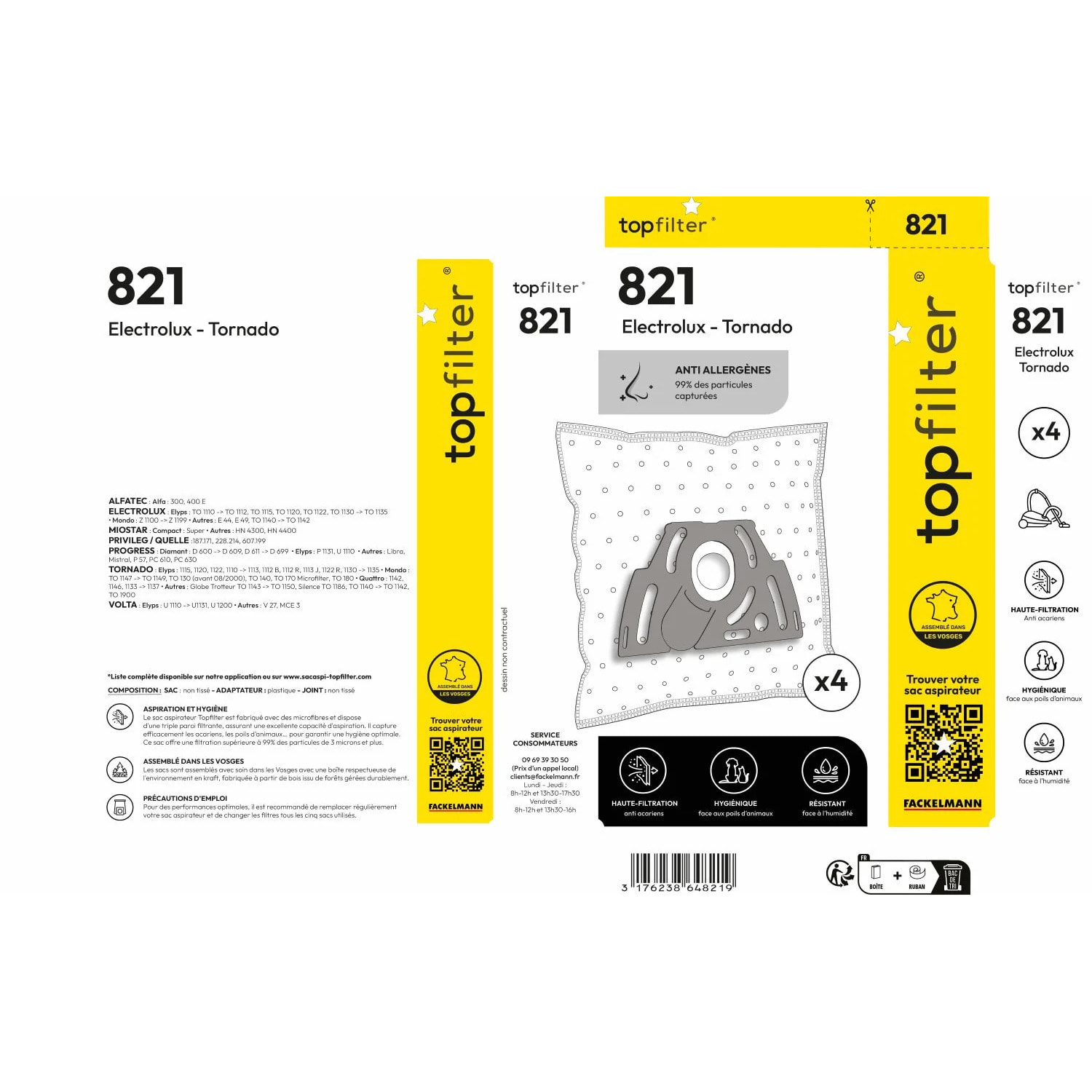 Lot de 4 sacs aspirateur pour Tornado et Electrolux TopFilter Premium