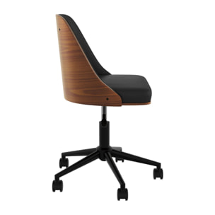 Chaise de bureau pivotante sur roulettes en bois foncé et PU noir - Georges