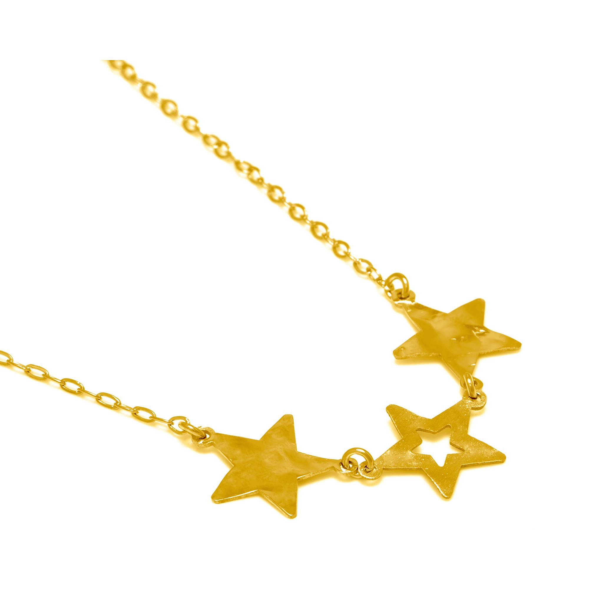 FIRENZE SILVER. AquaStel Collar Plata de Ley 925. Estrella contorneada y dos estrellas laminadas.Motivo forma de corazón junto al cierre. Baño galvanizado oro 24K.