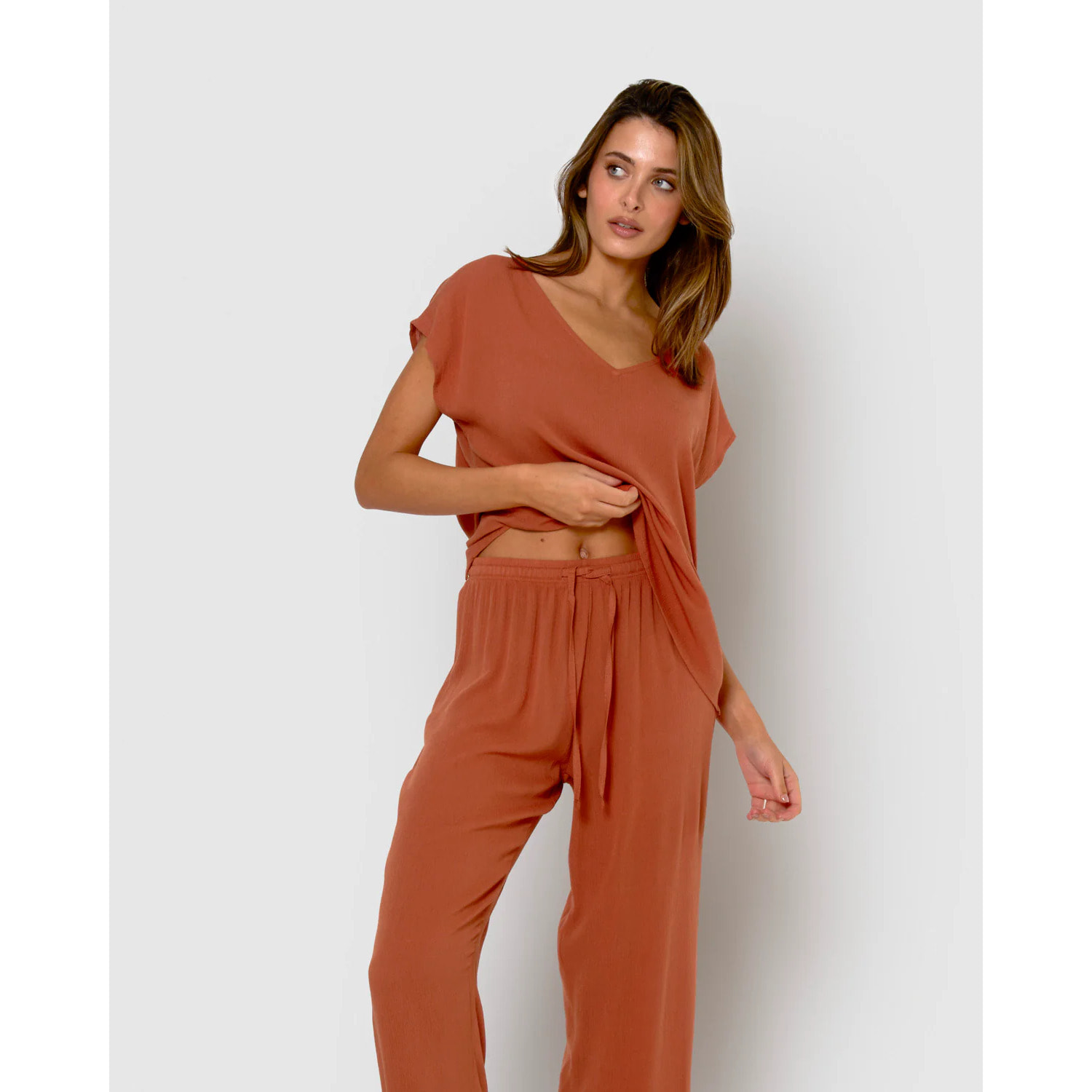 Camisa mujer bambula detalles plisados teja
