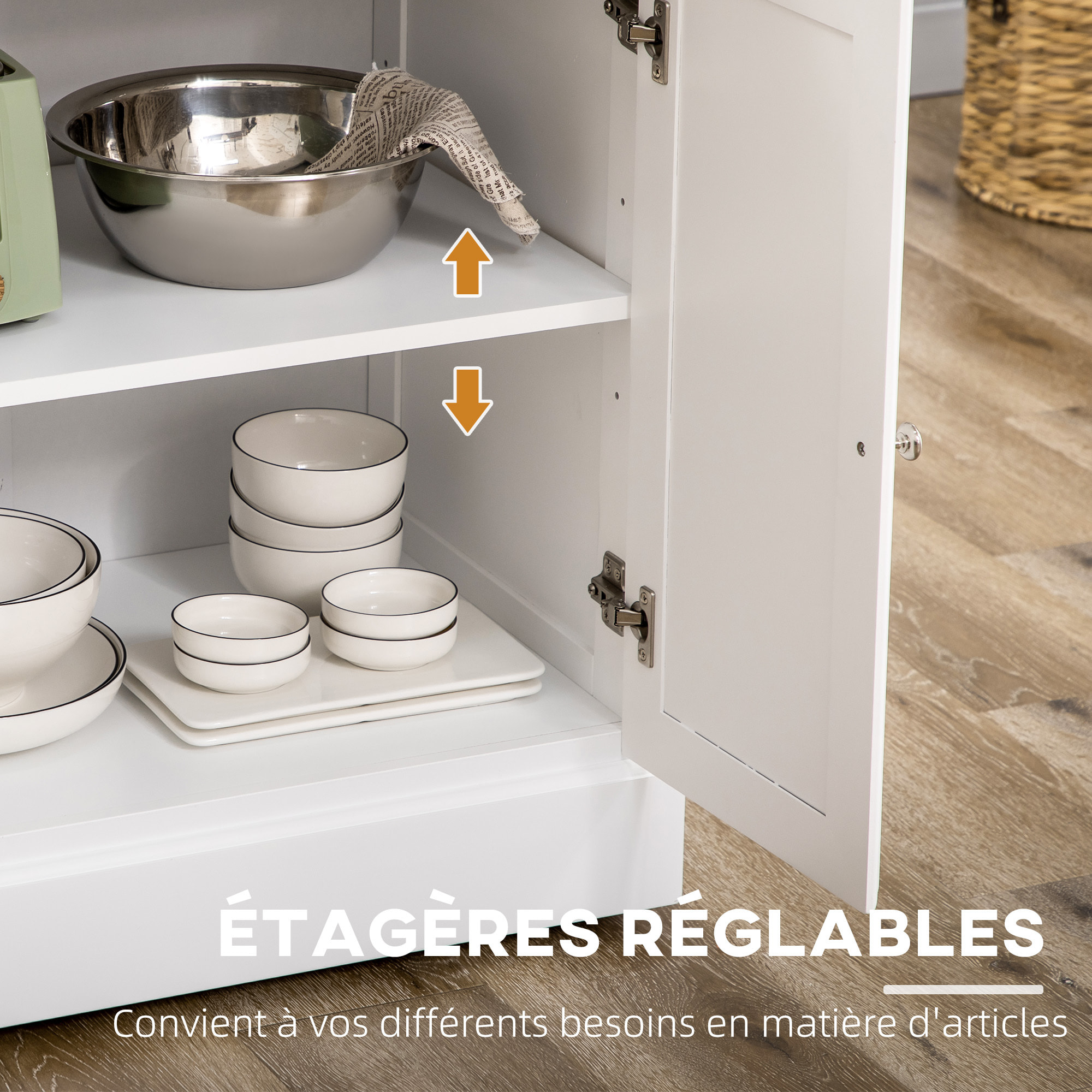 Îlot de cuisine desserte à roulettes - 2 tiroirs, 3 portes, porte-serviette, porte-épices - dim. 110L x 45l x 91H cm - blanc bois