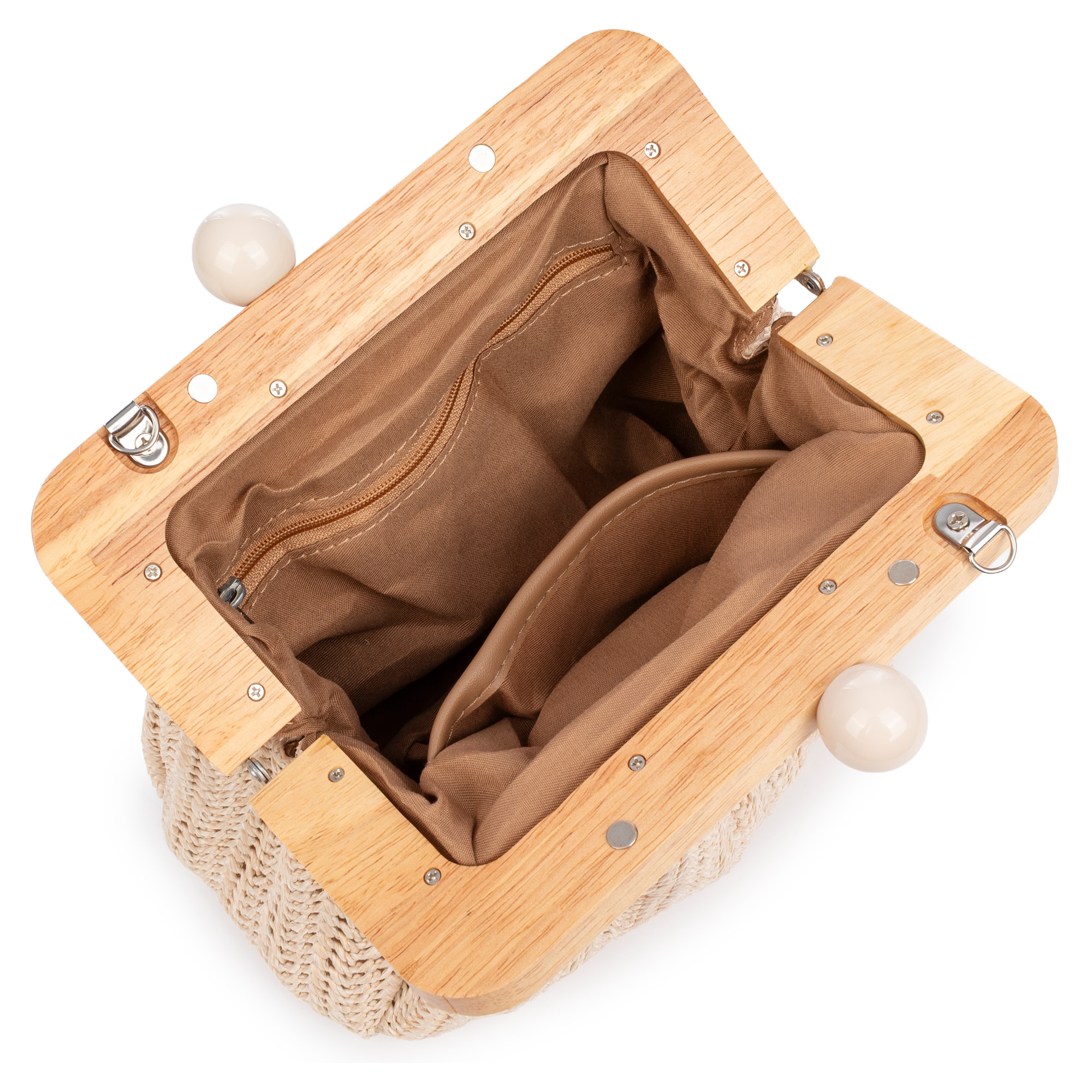 BeneLario Bolso bandolera Mujer. Tela con detalles de madera natural y piel sintética.