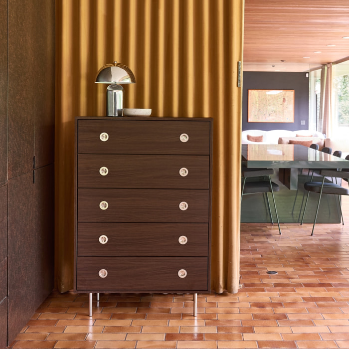 Commode vintage décor bois et acier inoxydable 5 tiroirs SHELBY