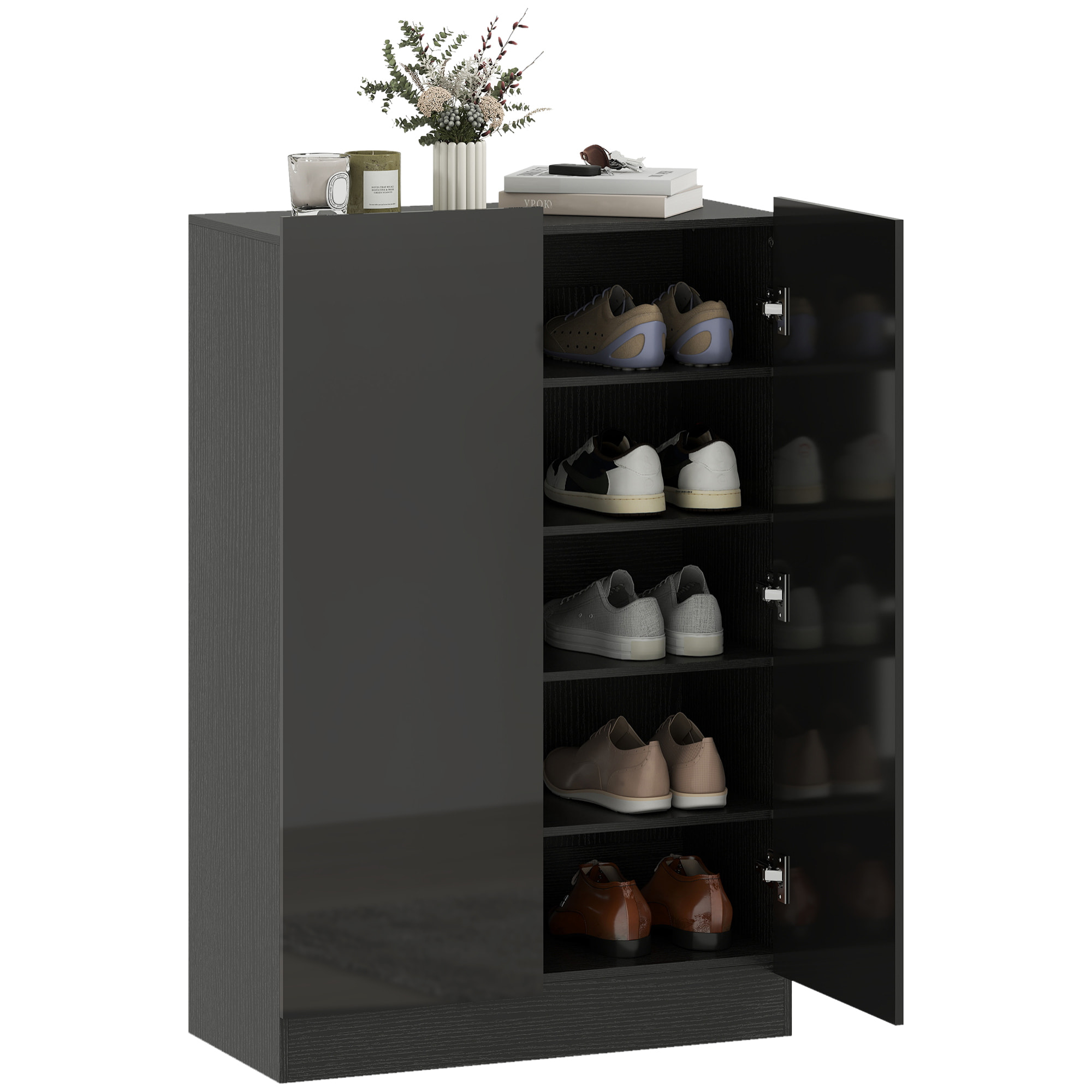 Zapatero de 2 Puertas con Cierre Suave, Zapatero Entrada Recibidor con Estantes Ajustables, Agujeros de Ventilación, para 20 Pares de Zapatos, 72x34,5x103 cm, Negro Brillo