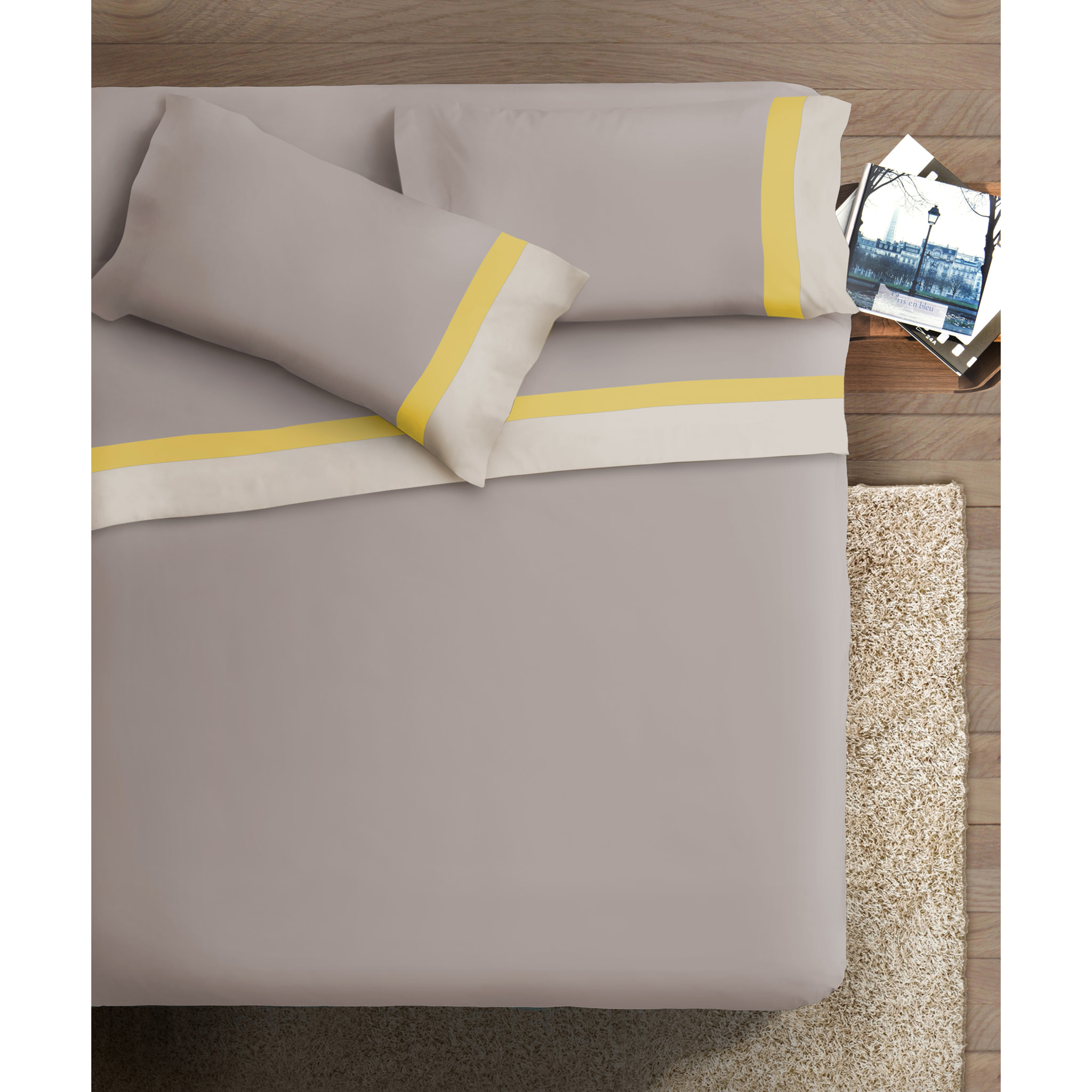 Completo letto doppia balza RASO IPERSAN Puro Cotone Panna/Ocra fondo Tortora