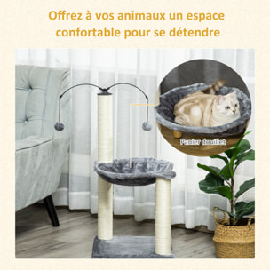 Arbre à chat 2 griffoirs grattoirs sisal naturel hamac jeu 2 boules suspendues peluche haute densité 400 g/m² gris