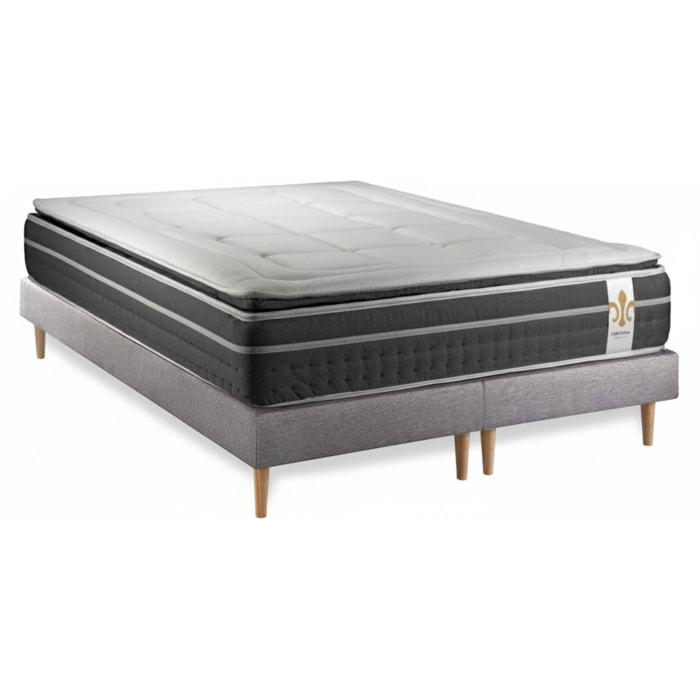 Ensemble Matelas Trente PLUS - 30cm - Hybride - Effet nuage avec surmatelas intégré - Sommier Tapissier Gris