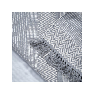 Tapis en coton brodé lignes et chevrons gris clair avec franges - MINA